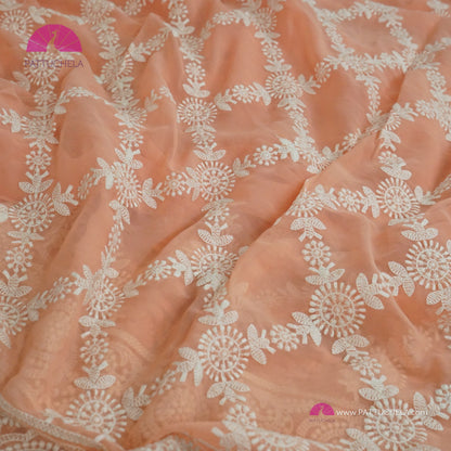 Pastel Peach Lucknawi Georgette Chikankari Saree in Geometric Pattern