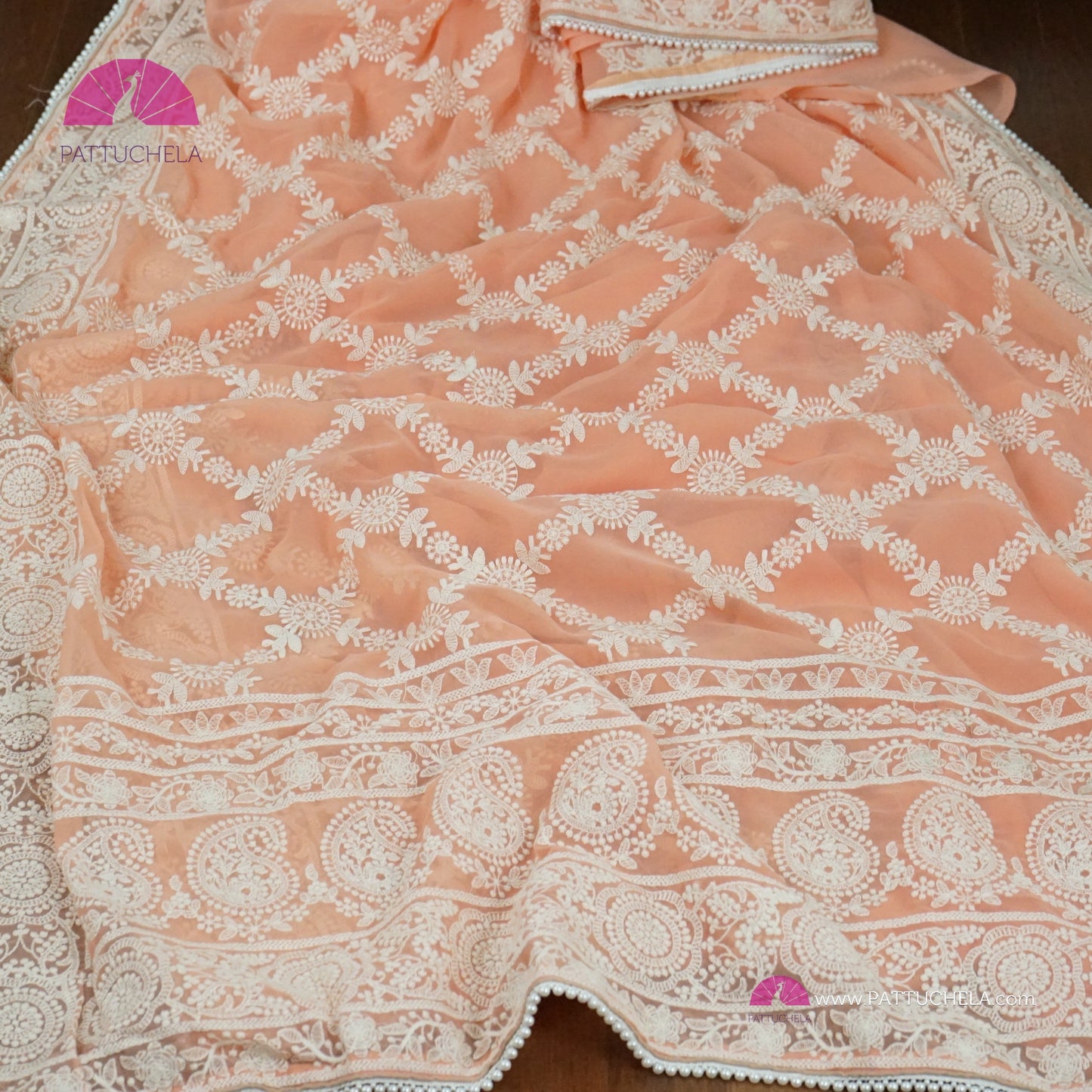 Pastel Peach Lucknawi Georgette Chikankari Saree in Geometric Pattern