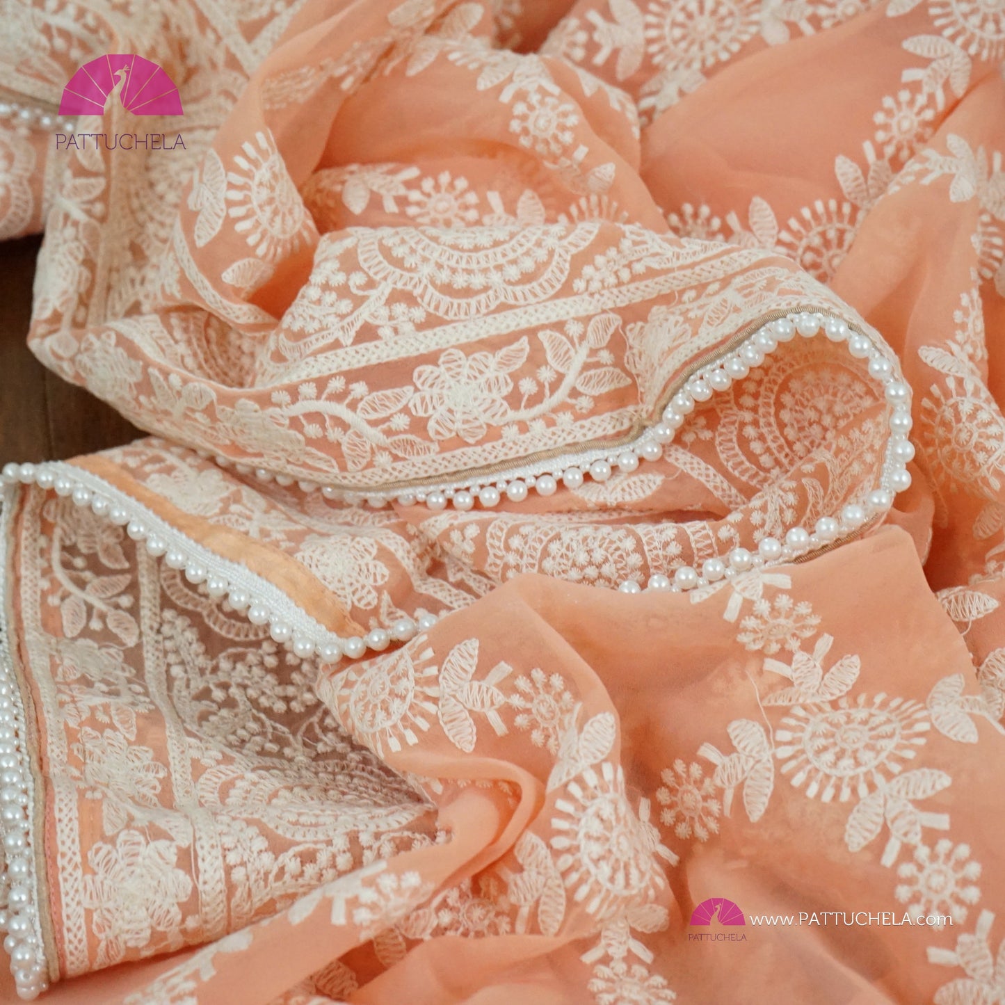 Pastel Peach Lucknawi Georgette Chikankari Saree in Geometric Pattern