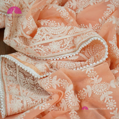 Pastel Peach Lucknawi Georgette Chikankari Saree in Geometric Pattern