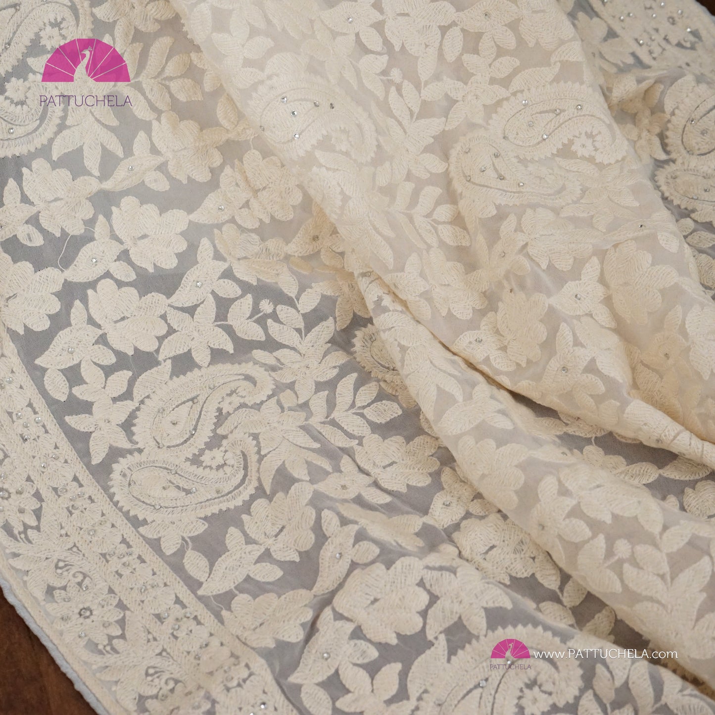 Ivory White Soft Georgette Chikankari Saree with Jaal work