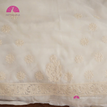 Ivory White Soft Georgette Chikankari Saree with Jaal work