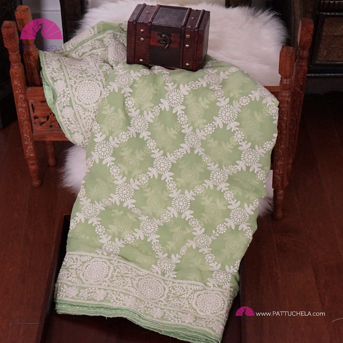 Pastel Pistachio Green Lucknawi Georgette Chikankari Saree in Geometric Pattern