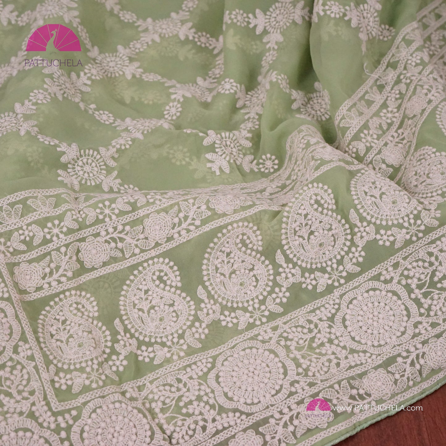 Pastel Pistachio Green Lucknawi Georgette Chikankari Saree in Geometric Pattern