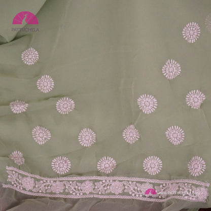 Pastel Pistachio Green Lucknawi Georgette Chikankari Saree in Geometric Pattern