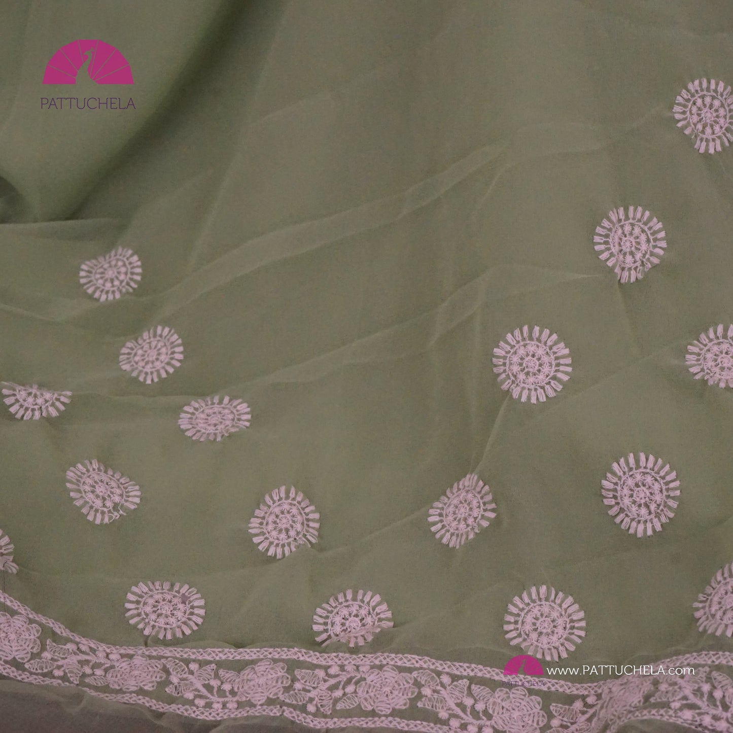 Pastel Pistachio Green Lucknawi Georgette Chikankari Saree in Geometric Pattern