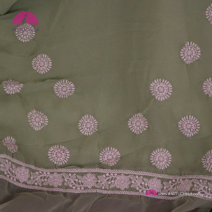 Pastel Pistachio Green Lucknawi Georgette Chikankari Saree in Geometric Pattern