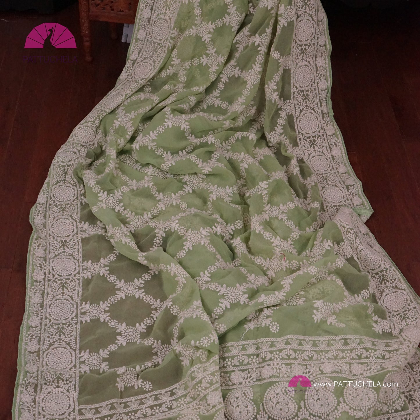 Pastel Pistachio Green Lucknawi Georgette Chikankari Saree in Geometric Pattern