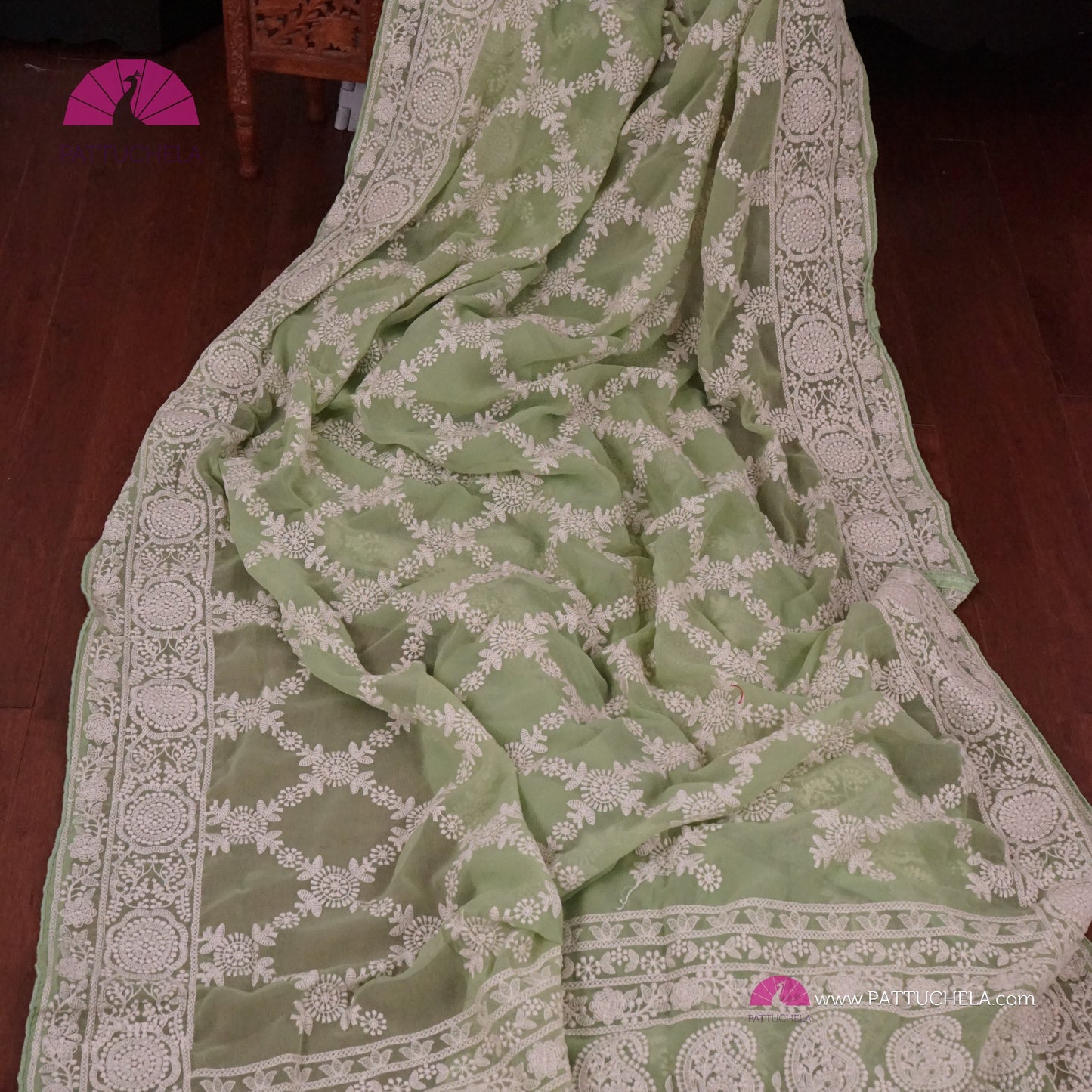 Pastel Pistachio Green Lucknawi Georgette Chikankari Saree in Geometric Pattern