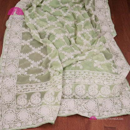 Pastel Pistachio Green Lucknawi Georgette Chikankari Saree in Geometric Pattern