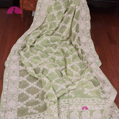 Pastel Pistachio Green Lucknawi Georgette Chikankari Saree in Geometric Pattern