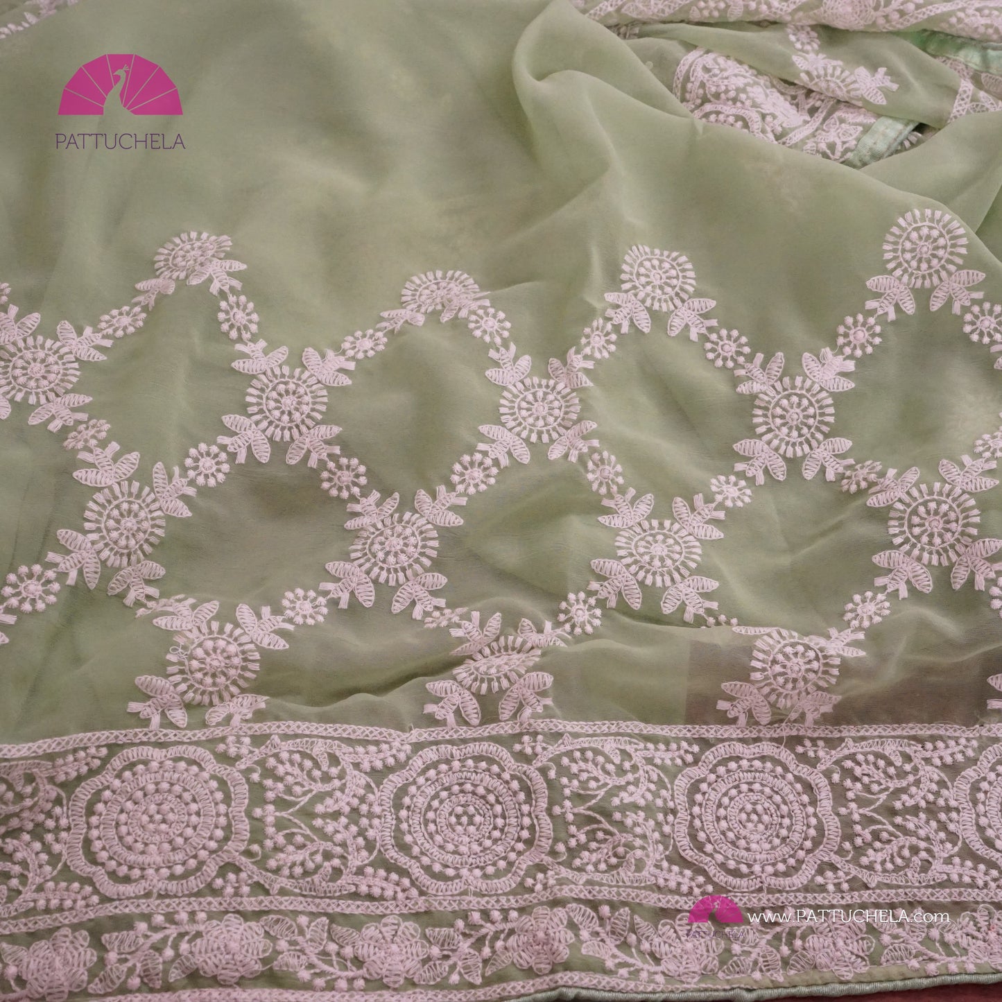 Pastel Pistachio Green Lucknawi Georgette Chikankari Saree in Geometric Pattern