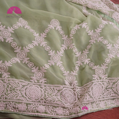 Pastel Pistachio Green Lucknawi Georgette Chikankari Saree in Geometric Pattern