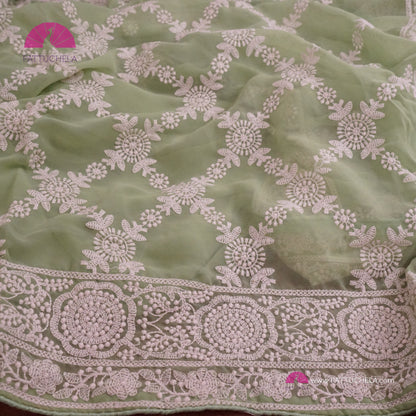 Pastel Pistachio Green Lucknawi Georgette Chikankari Saree in Geometric Pattern