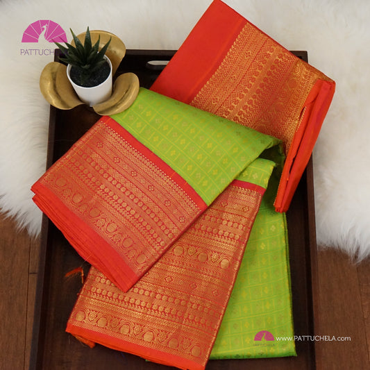Parrot Green Kanchipuram Checks Silk Saree with Broad Reddish Pink Zari Weaved Border | Wedding Saree | Silk mark Certified | | Kanchivaram Silks