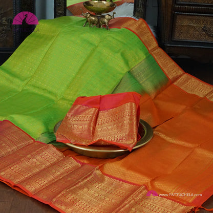 Parrot Green Kanchipuram Checks Silk Saree with Broad Reddish Pink Zari Weaved Border | Wedding Saree | Silk mark Certified | | Kanchivaram Silks