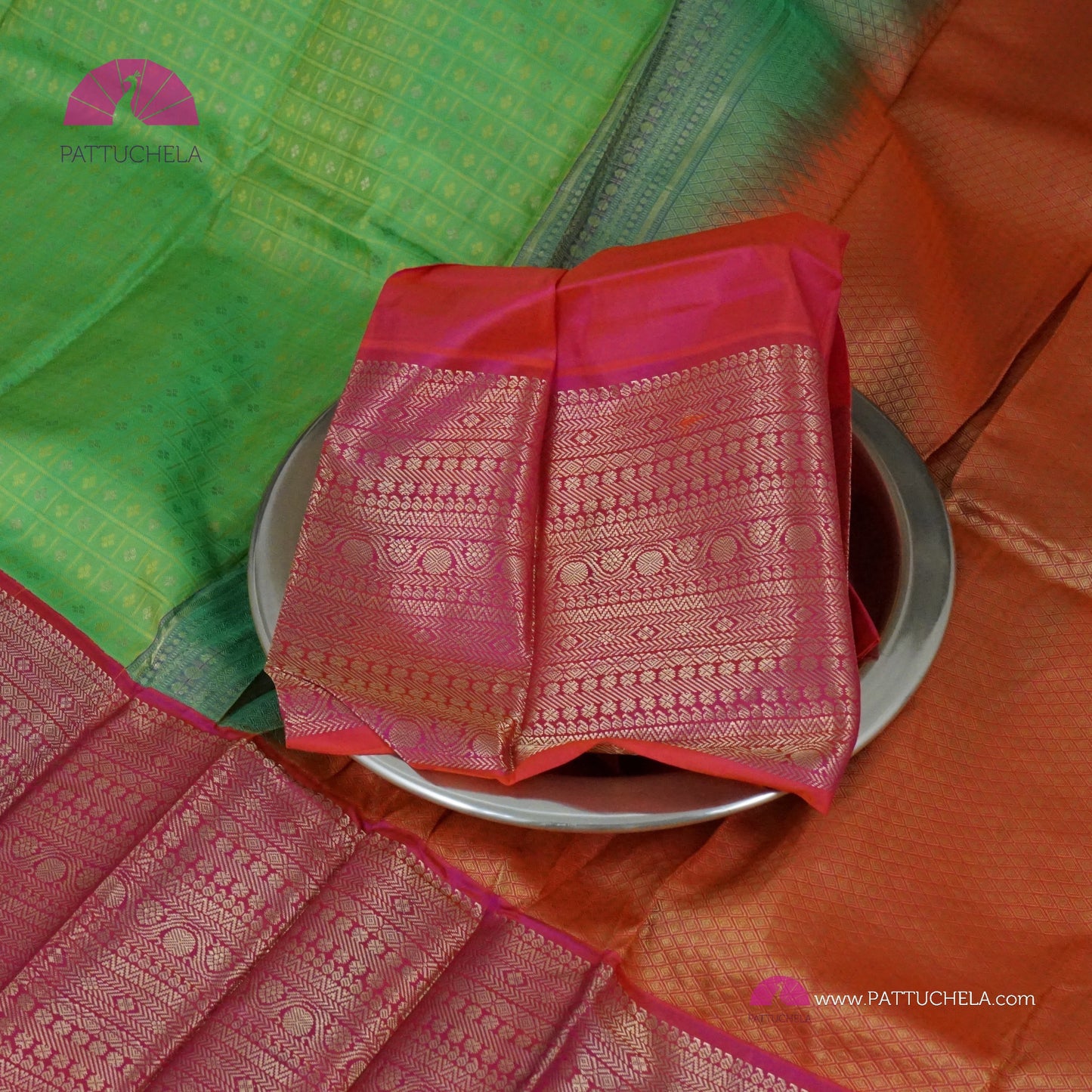 Parrot Green Kanchipuram Checks Silk Saree with Broad Reddish Pink Zari Weaved Border | Wedding Saree | Silk mark Certified | | Kanchivaram Silks