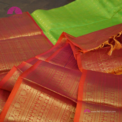 Parrot Green Kanchipuram Checks Silk Saree with Broad Reddish Pink Zari Weaved Border | Wedding Saree | Silk mark Certified | | Kanchivaram Silks