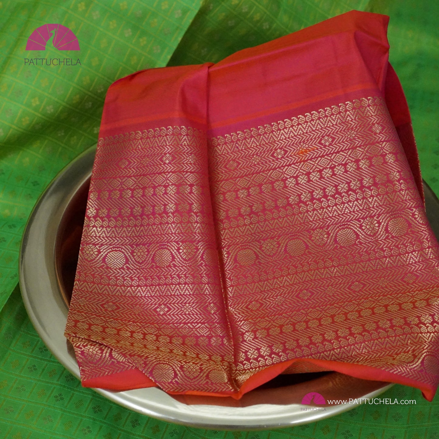 Parrot Green Kanchipuram Checks Silk Saree with Broad Reddish Pink Zari Weaved Border | Wedding Saree | Silk mark Certified | | Kanchivaram Silks