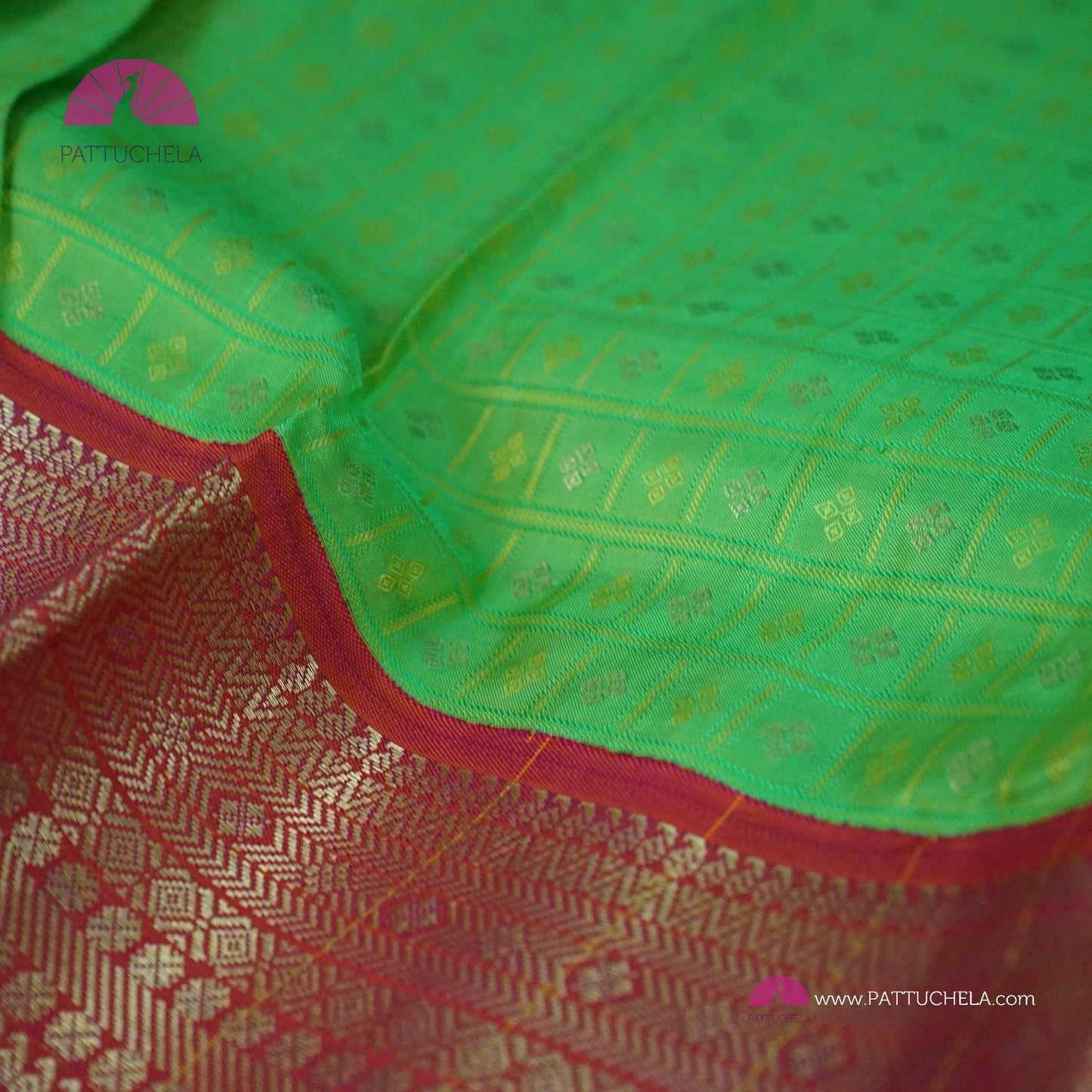 Parrot Green Kanchipuram Checks Silk Saree with Broad Reddish Pink Zari Weaved Border | Wedding Saree | Silk mark Certified | | Kanchivaram Silks