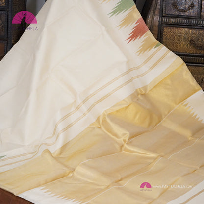 Classic Kanchipuram Multi Color Temple Border Silk Saree in Ivory White | SILK MARK CERTIFIED | Kanjivaram Silks