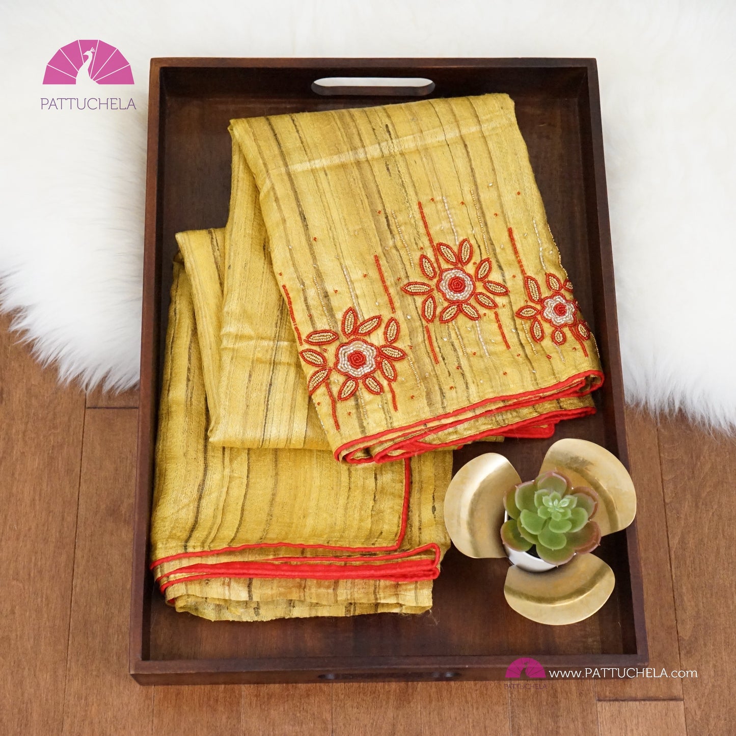 Yellow Pure Tussar Silk Saree with Handwork embroidery borders