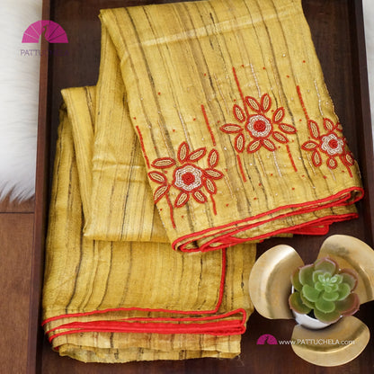 Yellow Pure Tussar Silk Saree with Handwork embroidery borders