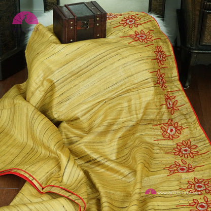 Yellow Pure Tussar Silk Saree with Handwork embroidery borders