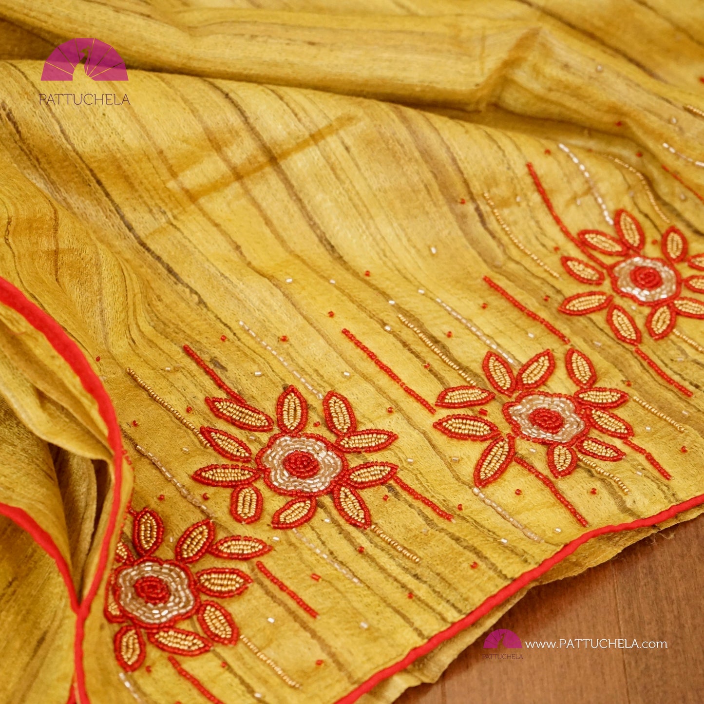 Yellow Pure Tussar Silk Saree with Handwork embroidery borders