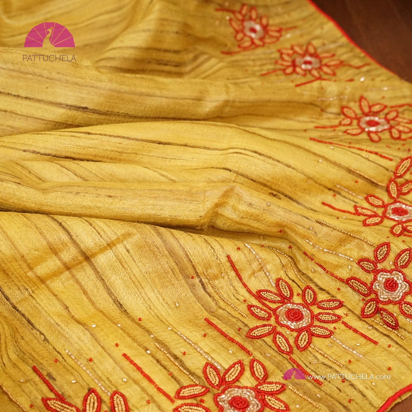 Yellow Pure Tussar Silk Saree with Handwork embroidery borders