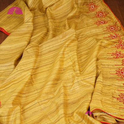 Yellow Pure Tussar Silk Saree with Handwork embroidery borders