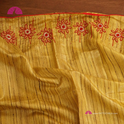 Yellow Pure Tussar Silk Saree with Handwork embroidery borders