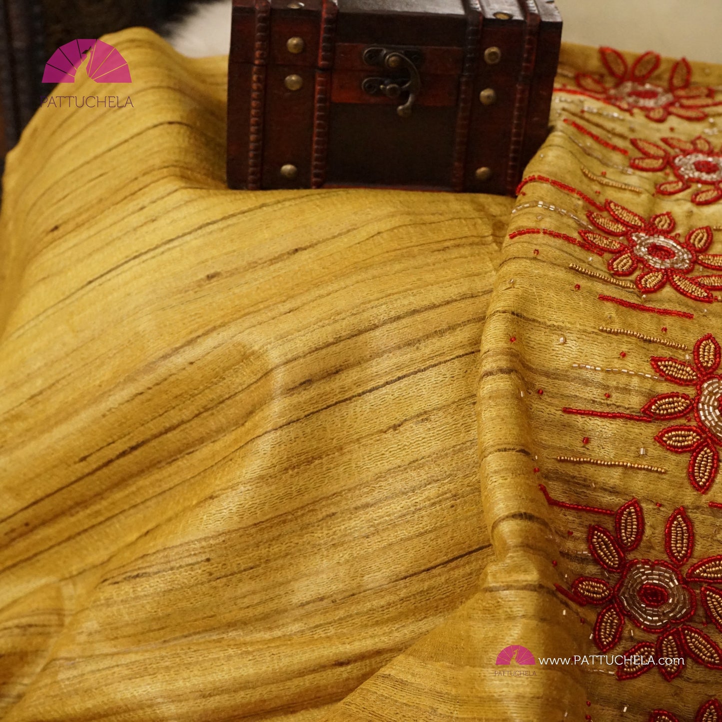 Yellow Pure Tussar Silk Saree with Handwork embroidery borders