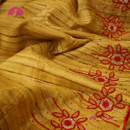 Yellow Pure Tussar Silk Saree with Handwork embroidery borders