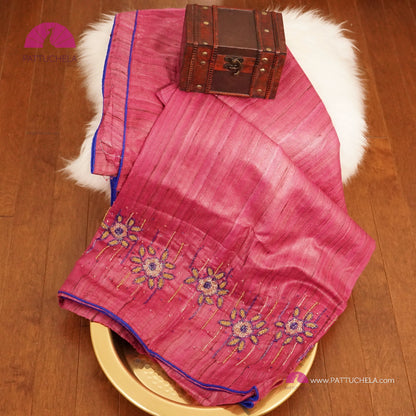 Onion Pink Pure Tussar Silk Saree with Handwork embroidery borders
