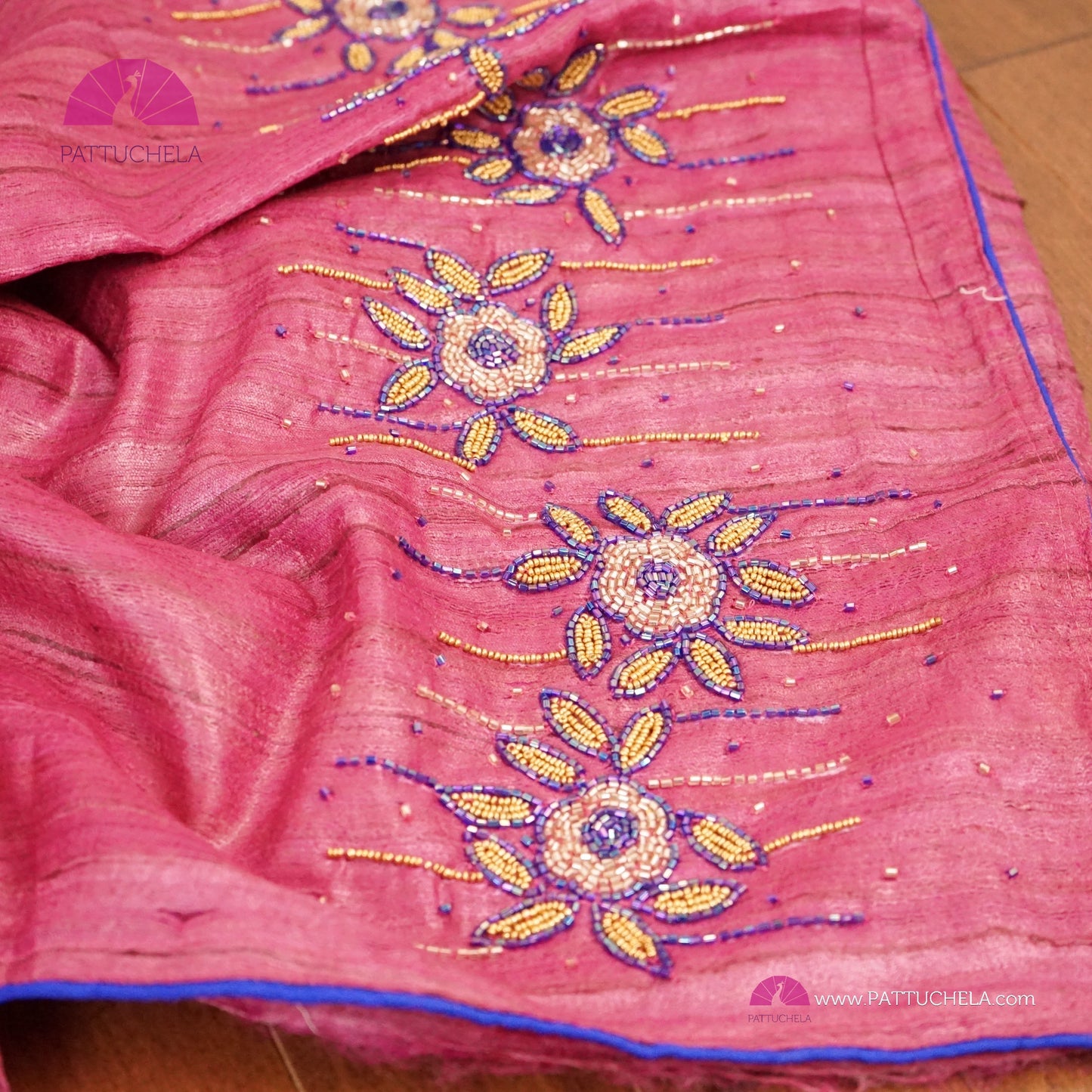 Onion Pink Pure Tussar Silk Saree with Handwork embroidery borders