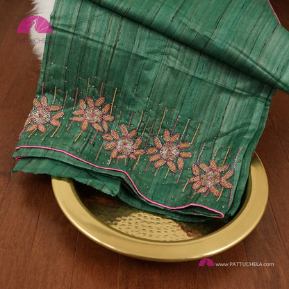 Green Pure Tussar Silk Saree with Handwork embroidery borders