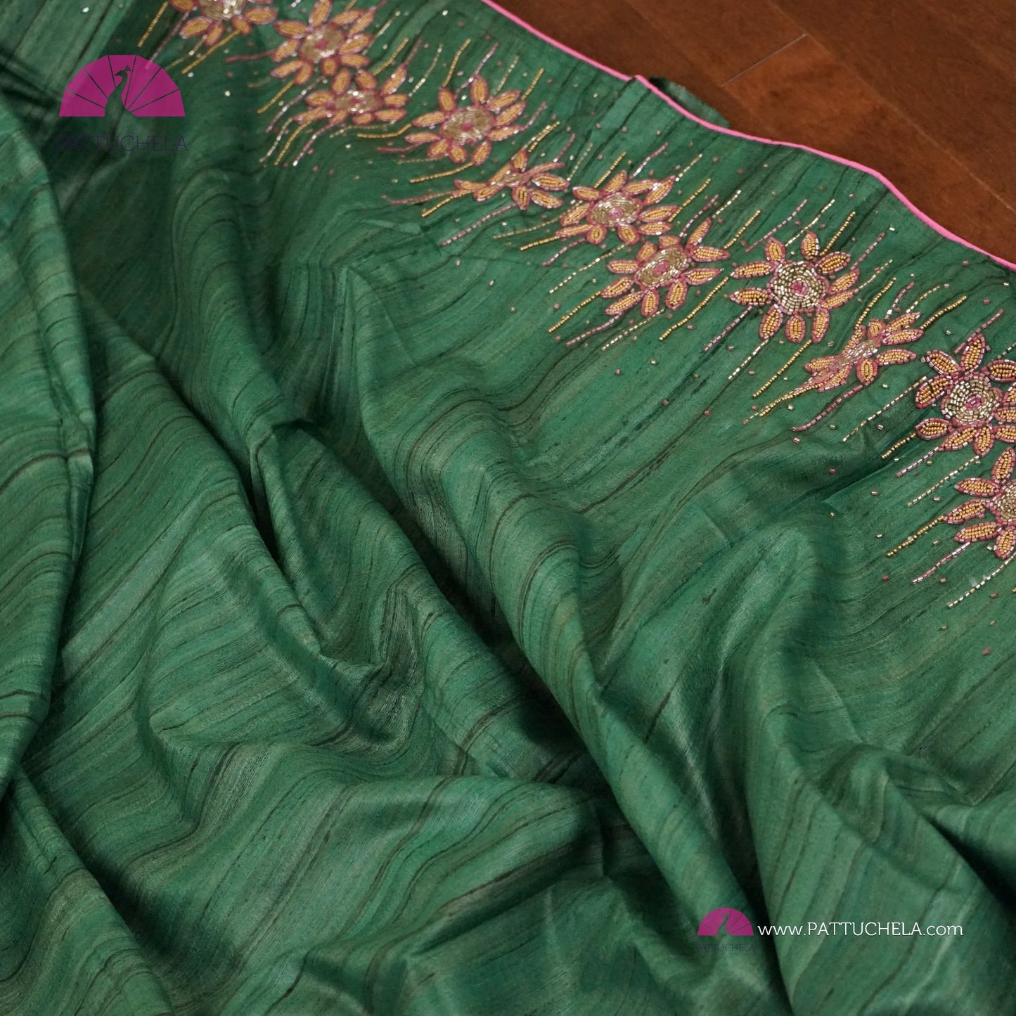 Green Pure Tussar Silk Saree with Handwork embroidery borders