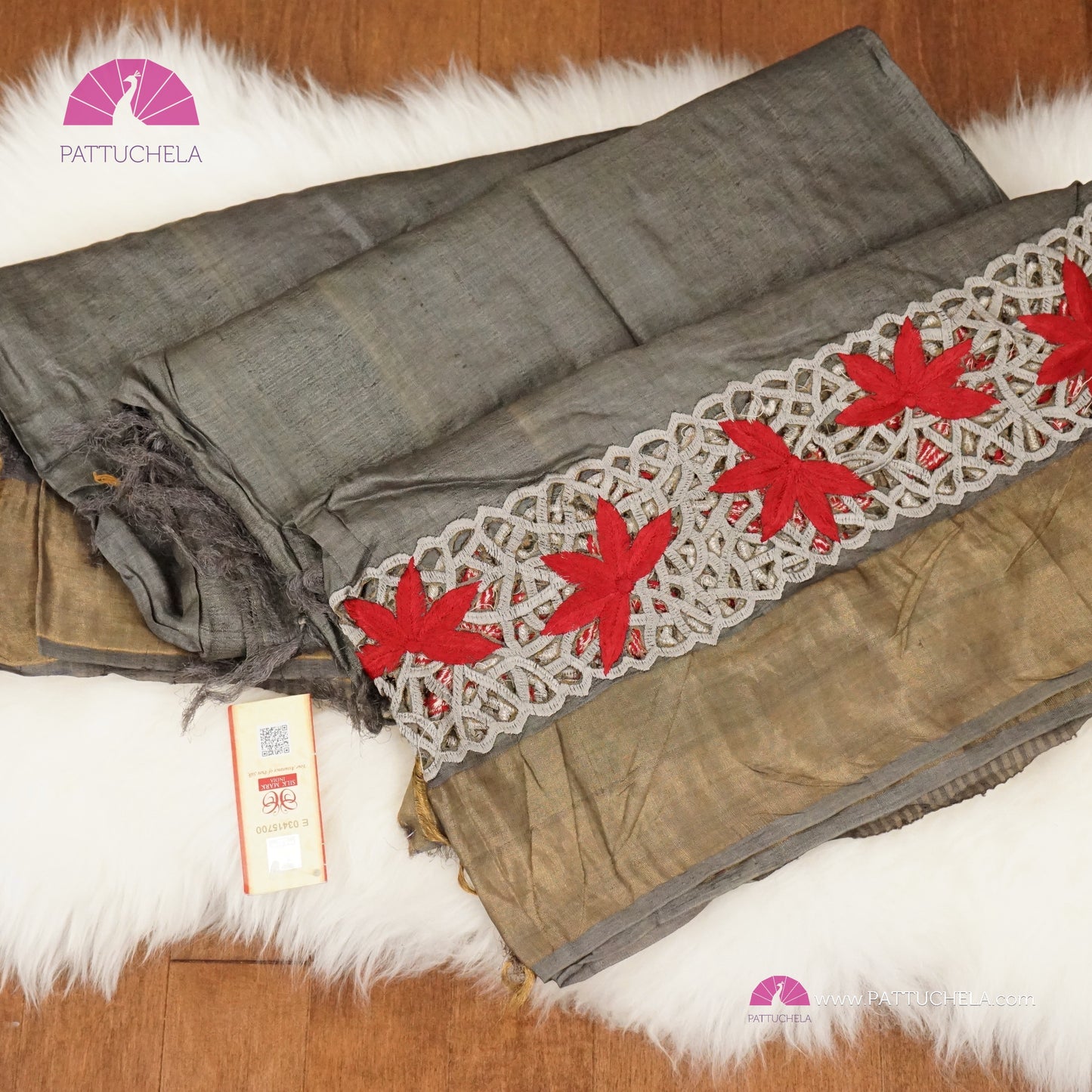 Grey Pure Tussar Silk Saree with appliqué embroidery and Cutwork Zari borders