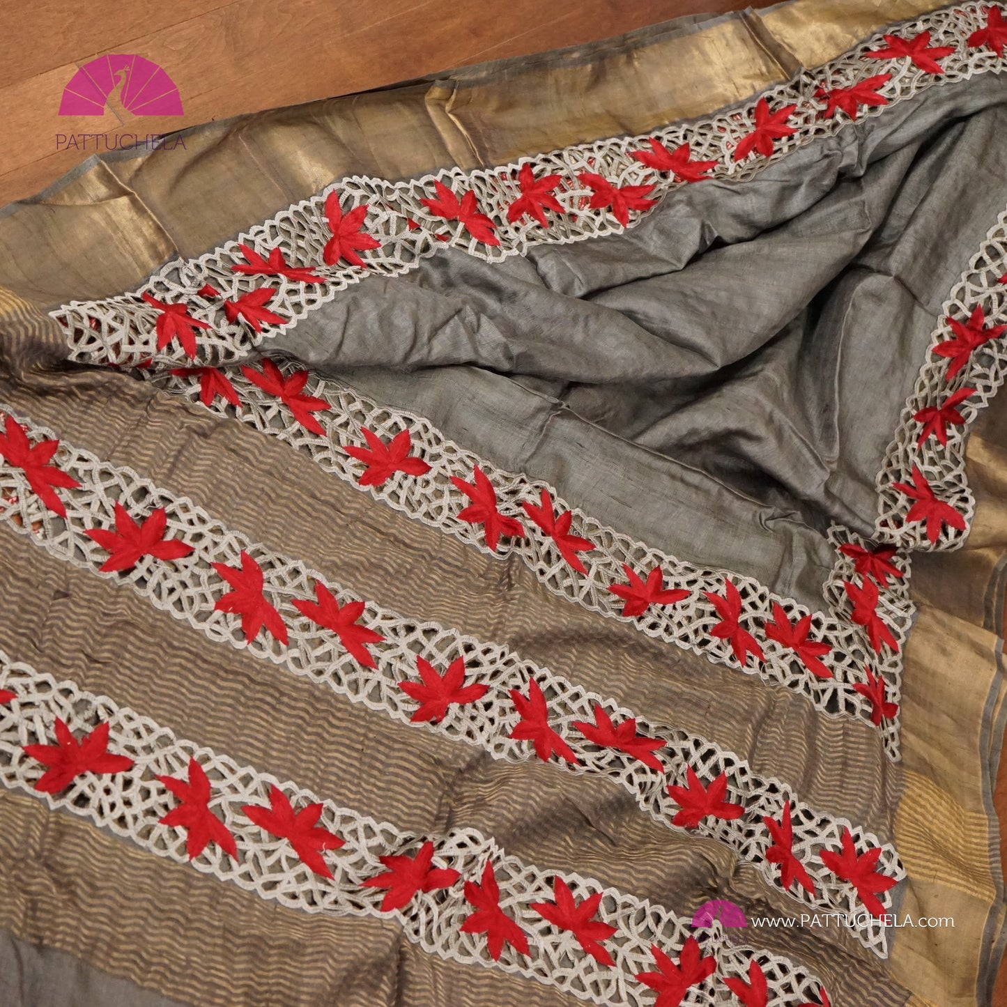 Grey Pure Tussar Silk Saree with appliqué embroidery and Cutwork Zari borders