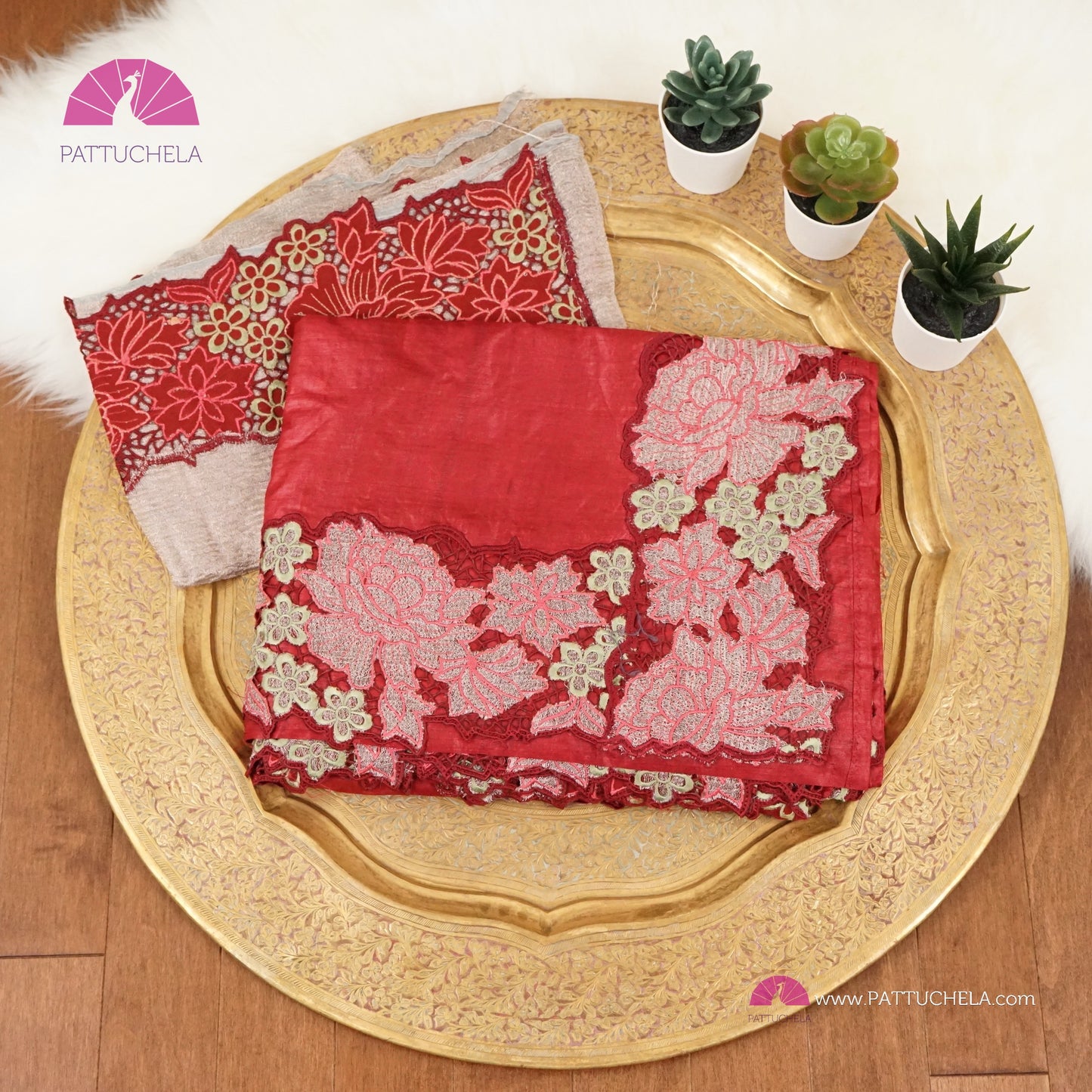 Cherry Red Pure Tussar Silk Saree with appliqué embroidery cutwork borders