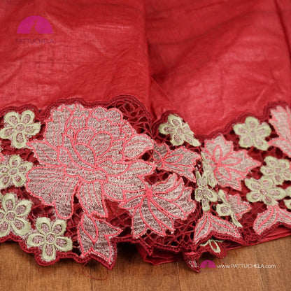 Cherry Red Pure Tussar Silk Saree with appliqué embroidery cutwork borders