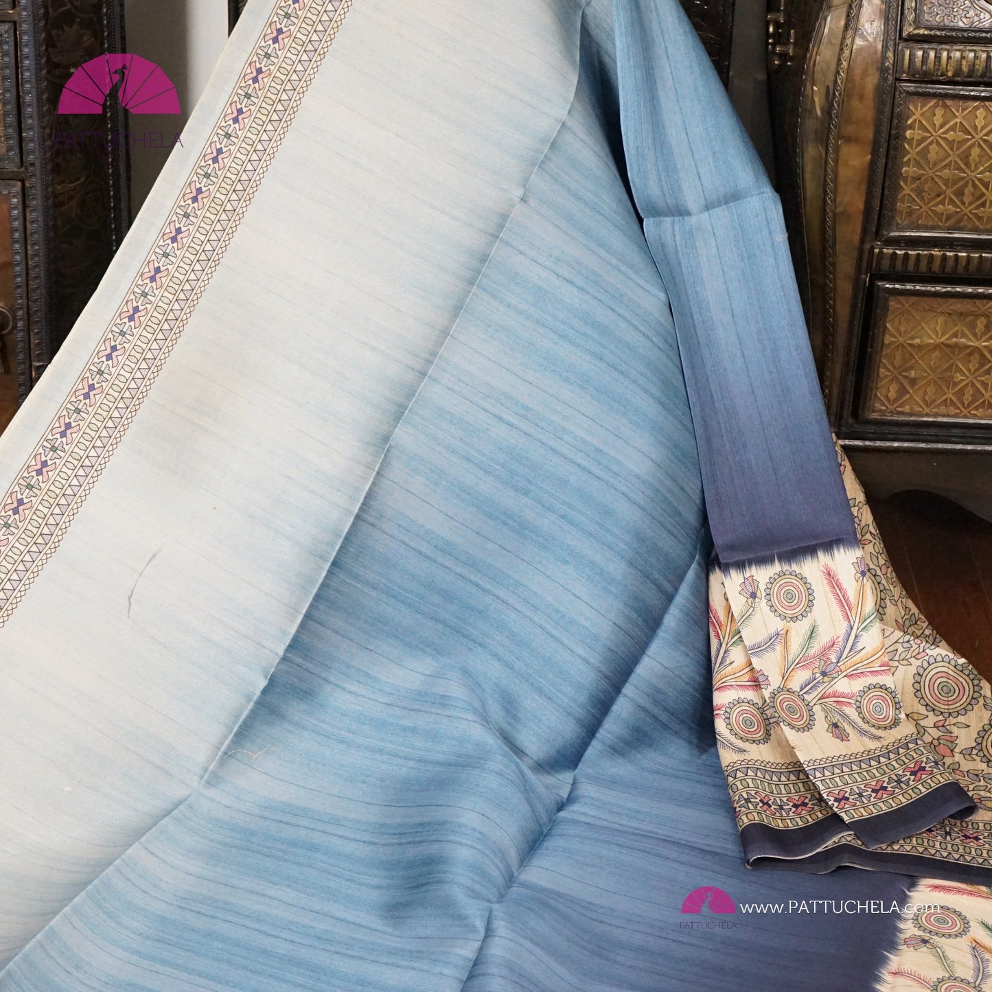 Semi Tussar Ghicha Silk Saree in Blue Ombre with Madhubani prints