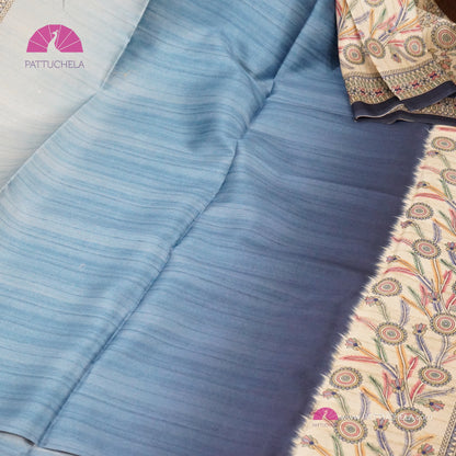 Semi Tussar Ghicha Silk Saree in Blue Ombre with Madhubani prints