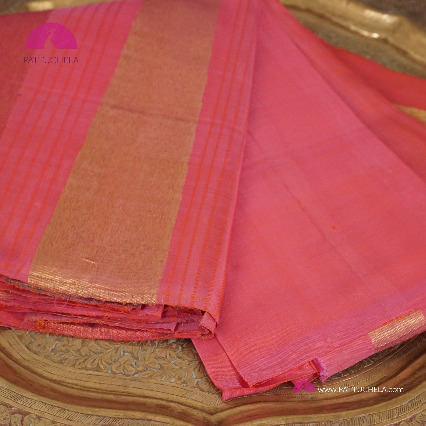 Pure Kanchipuram Handloom SILK MARK CERTIFIED Saree with contemporary Temple border Pattern in Peach Pink