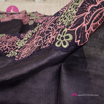 Midnight Blue Pure Tussar Silk Saree with appliqué embroidery Cutwork borders