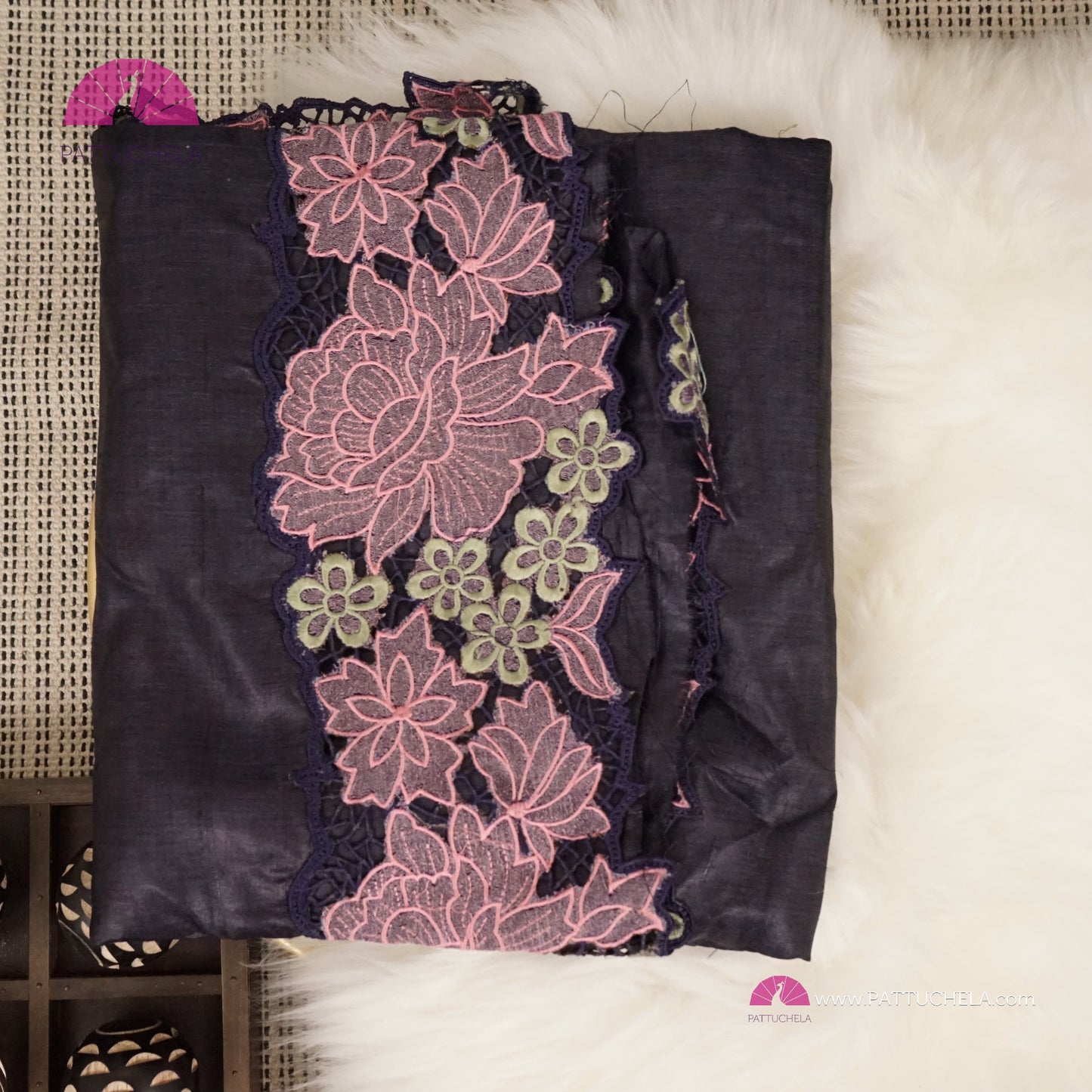 Midnight Blue Pure Tussar Silk Saree with appliqué embroidery Cutwork borders