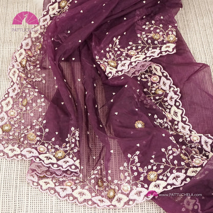 Black Current Raisin hued Organza Silk Saree with Scalloped Hand worked Border | Beads, Pearls, Sequins and  Zardosi Embellishments | Handwoven Silk | Designer & Party Wear | Organza Saree