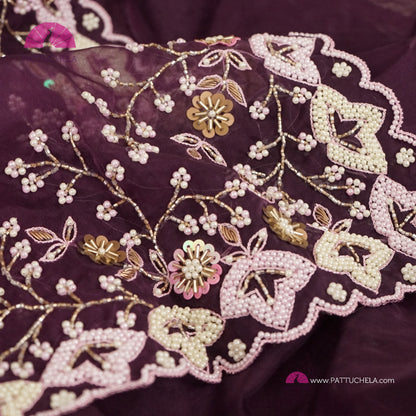 Black Current Raisin hued Organza Silk Saree with Scalloped Hand worked Border | Beads, Pearls, Sequins and  Zardosi Embellishments | Handwoven Silk | Designer & Party Wear | Organza Saree