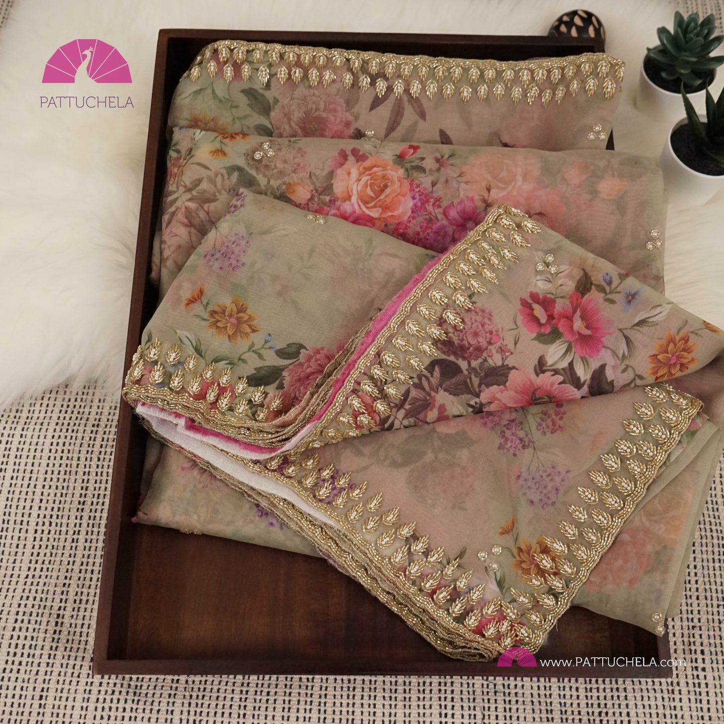 Olive Green Organza Silk Digital Print Floral Saree with Hand worked Border | Beads and Pearls  Embellishments | Handwoven Silk | Designer & Party Wear | Organza Saree